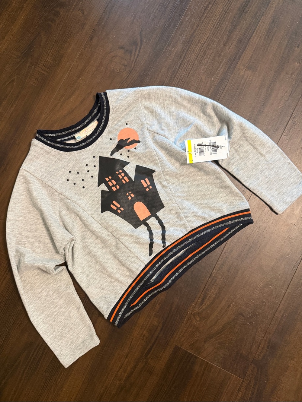 Truly Me Girls Size 5 Gray Sweatshirt with Black Haunted House and Orange Detail